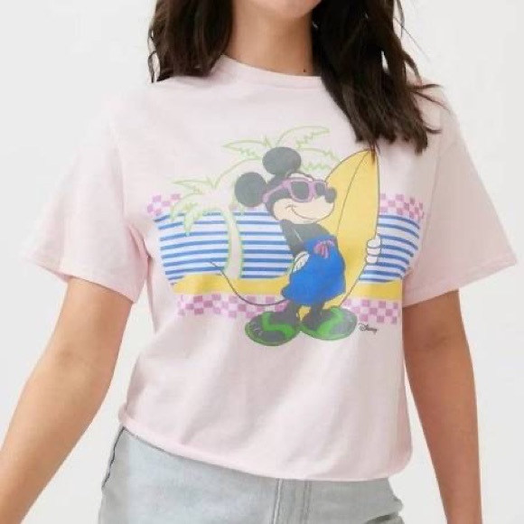 Junk Food Clothing Tops - 🔥JUNK FOOD🔥URBAN OUTFITTERS DISNEY SURFER MICKEY MOUSE PINK CROP TEE MED NWT